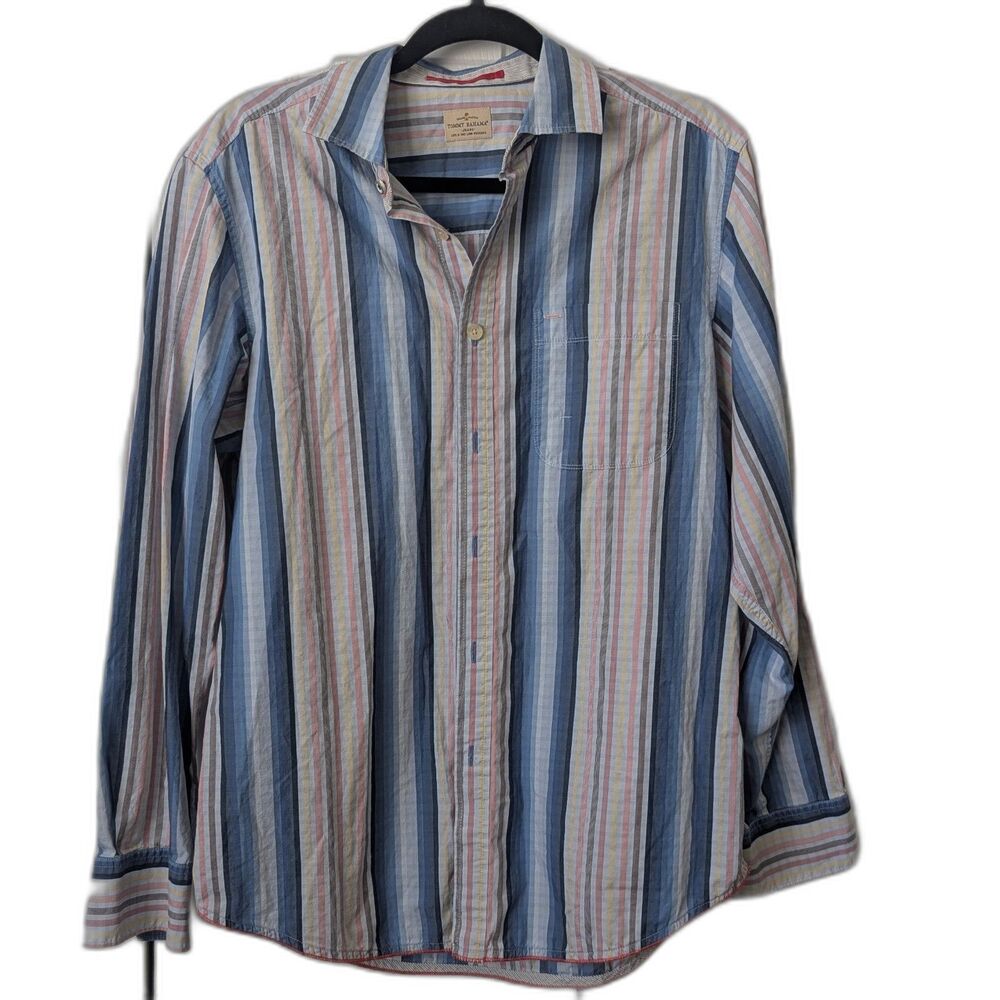 Tommy Bahama Cotton Button Up Shirt Blue Pink Striped Men’s Size M Beachy Summer